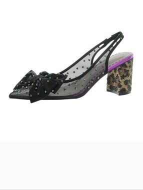 Betsey Johnson Black Mesh Multicolored Sequined Bow Tie Slingback Leopard Heel